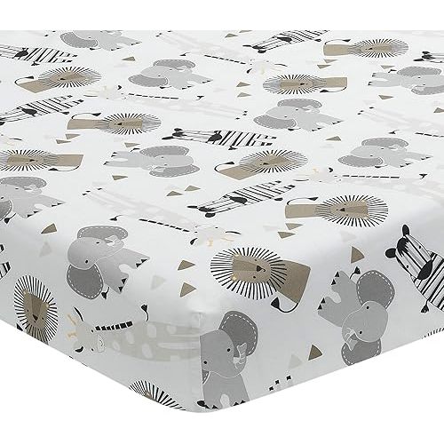 Lambs & Ivy Jungle Safari Cotton White/Gray Elephant/Lion Fitted Mini Crib Sheet