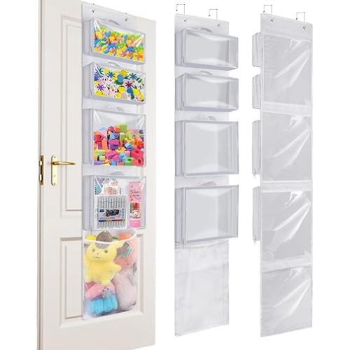 Over Door Organizer and Storage, Hanging Toy Holder with 4 Clear Removable Pouches, Toddler Room Wall