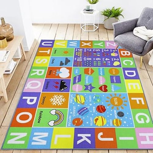 Kids Rug 5'0" x 6'6" Educational Learning Area Rug Non Slip Kids Carpet with ABC Alphabet Numbers Shapes Weather Playroom Rug Mat for Children Nursery Bedroom Home Decor