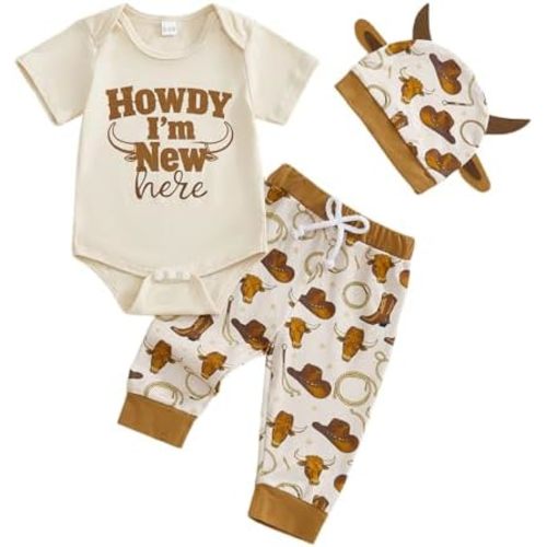 Madjtlqy Baby Boy Western Clothes Letter Short Sleeve Romper Long Pants With Hat Newborn Coming Home Outfit Infant Cute Sets