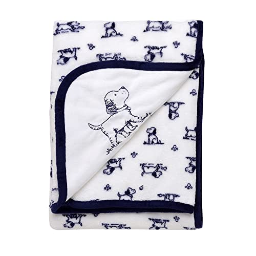 2-Ply Reversible Luxury Baby Blanket with Puppy Embroidery, Blue and White Little Me Puppy Toile Print (30 inch x 40 inch)
