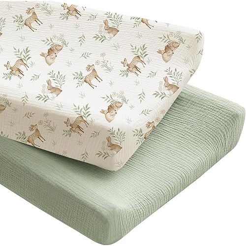 Konssy 2 Pack Muslin Changing Pad Covers for Boys, Ultra Soft & Breathable Cotton Baby Diaper Changing Table Covers, Neutral Nursery Diaper Changing Pad Sheets (Woodland,Sage)