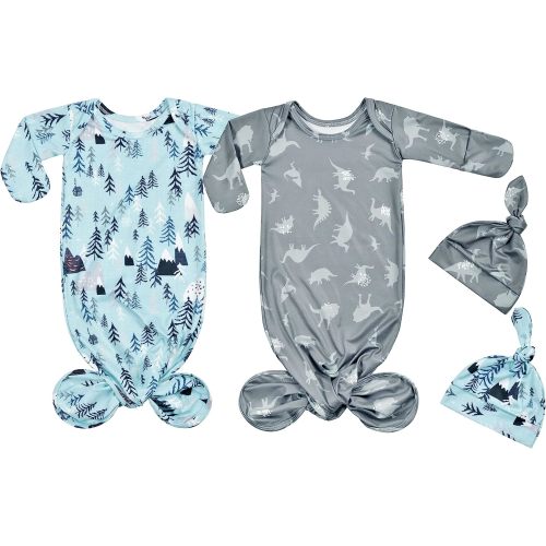 Newborn Baby Boy Long Sleeve Sleeper Gown with Mittens Knotted Gown Coming Home Outfit Nightgown Hat Set 2 Pieces