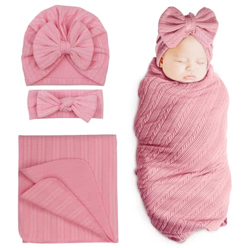 DRESHOW BQUBO Newborn Receiving Blanket Toddler Warm for Girls with Bow Hat and Bow Headband Shower Gift