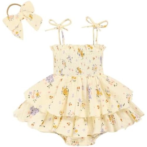 TITKKOP Baby Girl Summer Outfits Infant Double Romper - Sleeveless Bodysuit & Cake Smash Outfit