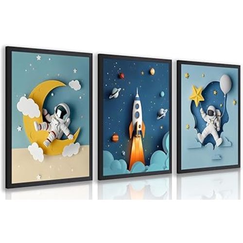 PORENY Astronaut Nursery Wall Art Set of 3, Rocket Moon Planet Canvas Prints, Cute Outer Space Nursery Decor, Space Theme Kids Room Artwork for Baby Boys Girls Bedroom Wood Framed 12x16 Inch