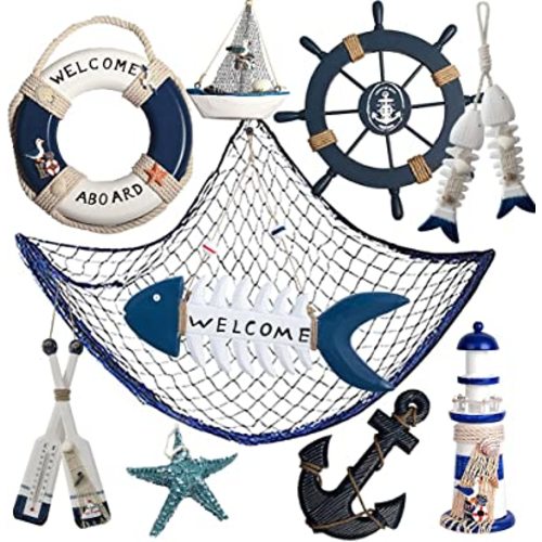 10 PCS Wood Nautical Wall Hanging Ornament Decoration, Mediterranean Style Beach Wooden Lighthouse, Anchor, Boat, Rudder, Oar, Life Ring, Ship, Starfish, Fishing Nets, Steering Wheel Sailing Home Decor