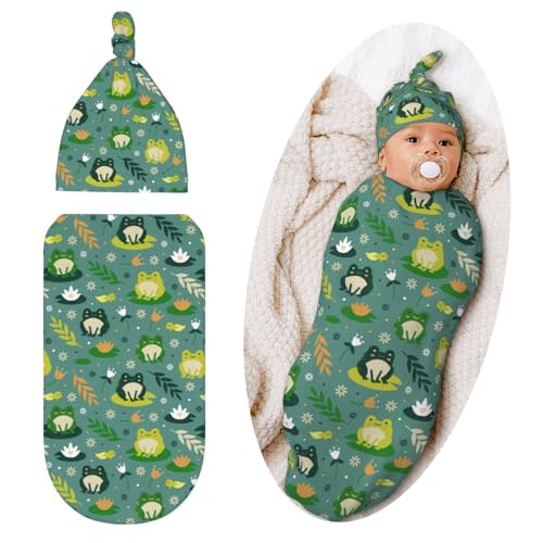 Qwalnely Frog Swaddle Blanket with Hat for Baby, Swaddling Sleeping Sacks Unisex Baby Stuff, Frog