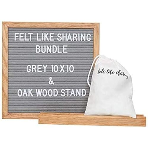 Felt Letter Board, 10x10in (Gray) Changeable Letter Board with White Letters 300 Piece, Oak Wood Stand for Felt Letter Boards
