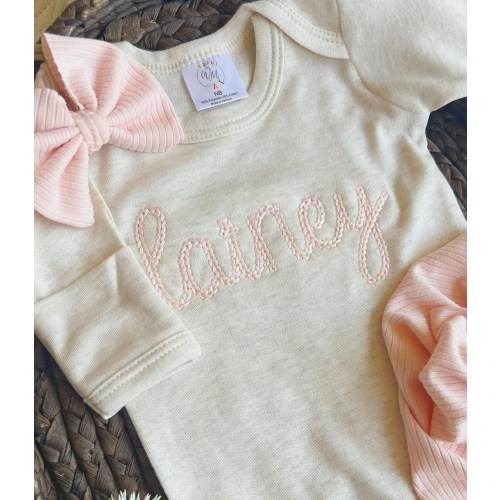 Personalized oatmeal and blush vintage stitch girl romper with fold over footies, custom girl coming home outfit, baby shower gift