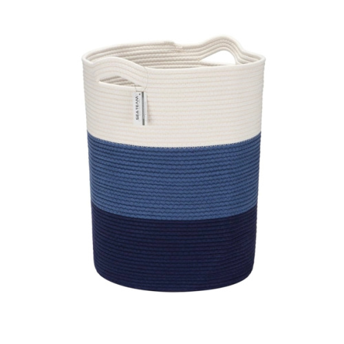 Sea Team Large Size Cotton Rope Woven Storage Basket with Handles, Laundry Hamper, Fabric Bucket, Drum, Clothes Toys Organizer for Kid's Room, 20 x 14 inches, Round Open Design, White & Navy