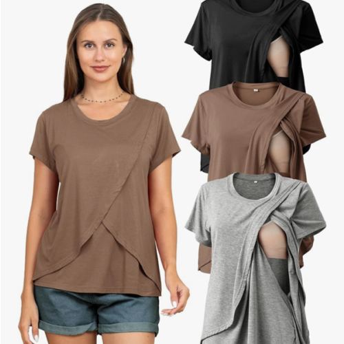 Rnxrbb 3 Pack Women's Nursing Tops for Breastfeeding Summer Short Sleeve T Shirts Postpartum Double Layer Clothes