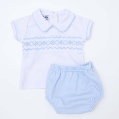 Hudson Smocked Diaper Cover Set - Light Blue