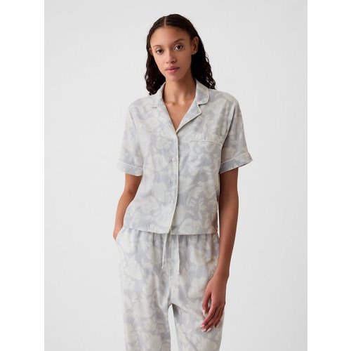Linen-Blend PJ Shirt in blue floral, size: XL