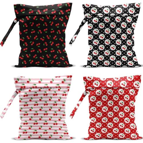 4 Pack Cute Cherry Checkered Wet Bag Waterproof Washable Reusable Wet Dry Bag for Swimsuit Pump Parts Dirty Clothes Bathing Cloth Diaper Travel Beach Pool Yoga Gym Toiletries Travel Beach Essentials