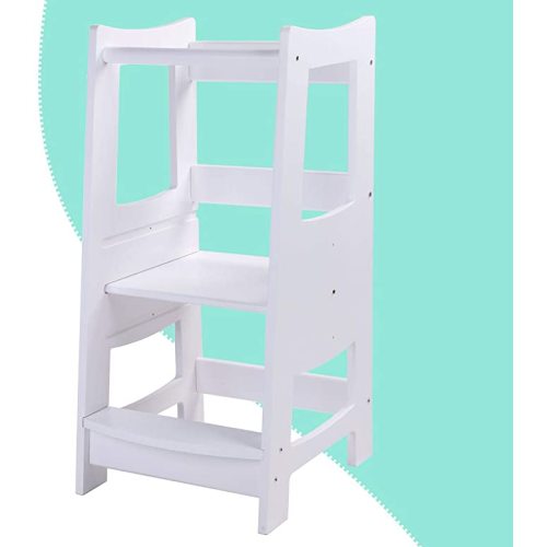 EGREE Toddlers Kitchen Step Stool with Safety Rail Kids Wooden Standing Tower for Kitchen Counter and Bathroom Sink, 3 Heights Adjustable Step Up Stool Mothers' Helper, Solid Wood Construction, White - White Color