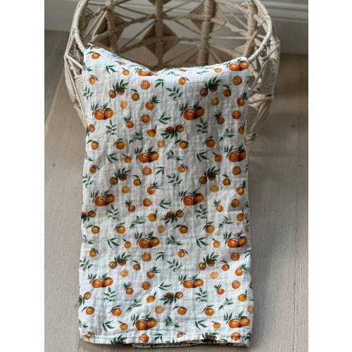 100% GOTS organic cotton muslin baby swaddle blanket large 47” orange fruit and blossom print