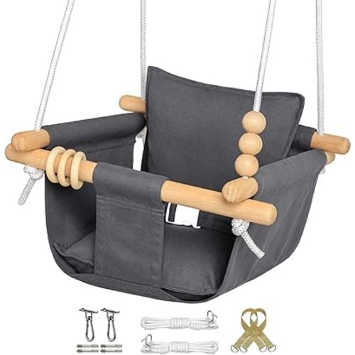 Toddler Swing Indoor and Outdoor - Canvas Baby Swing 6 Months to 3 Years, Baby Hanging Swing, Tree Swings, or Toddler Swing for Outdoor Playgrounds, Full Set of Ceiling Screws (Grey Full)