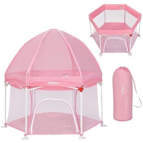Safstar Baby Playpen With Removable Mesh & Uv Canopy, 53" Portable Playhouse With Carry Bag, Dome, Easy Folding Playard Activity Center, Light Pink