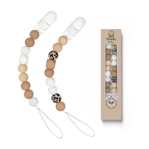 MOODYBABY® Pacifier Binky Clips for Boys Girls Soother Chain Silicone Holder 2 Pack Set for Baby Unisex Neutral Newborn Dummies Baby Shower Gift (Neutral Beige)