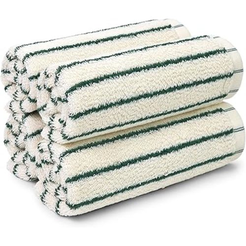 Jacquotha Striped Cotton Washcloths 4 Pack, 13” x 13” - Soft Wash Cloths for Bathroom, Kitchen, Gym, Face, Green and Cream