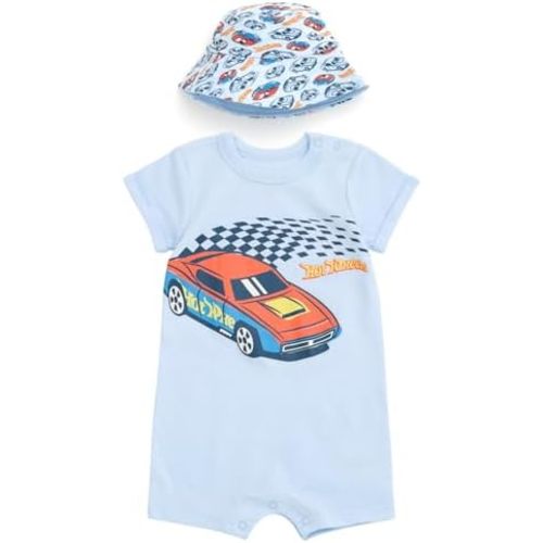 Hot Wheels Romper and Bucket Sun Hat Outfit Set Newborn to Toddler Sizes (Newborn - 4T)