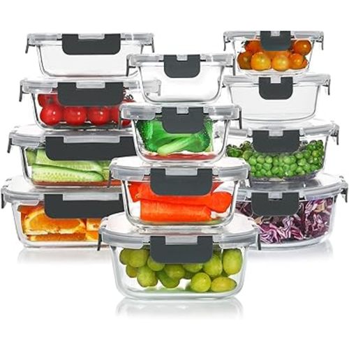 24 Pieces Glass Food Storage Containers Set,Glass Meal Prep Containers-Stackable Airtight Glass Storage Containers with lids,Freezer, Microwave, Oven Safe,Gray