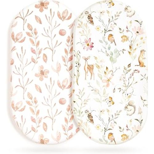Stretchy Ultra Soft Fitted Bassinet Sheet Set 2 Pack, Universal Fit for Bassinets Baby Cradle Moses Basket Oval Rectangle Mattress Safe and Snug, Beautiful Blush Pink Floral and Cute Animals Print