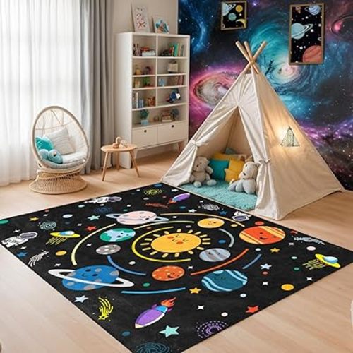 Space Rug for Boys Room - Outer Space Rug for Bedroom Solar System Planet Theme Carpet Decor for Playroom Floor Mat Classroom Decor,4'5''×6'