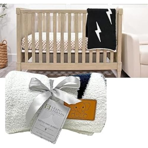 L+L USA Lightning Bolt Baby Blanket 28"x40" - DreamSoft Knit Throw for Crib, Stroller or Car Seat - Soft Blanket/Newborn Nursery Gift Essential for Toddler, Infant, Kids, Boys & Girls (Black/White)