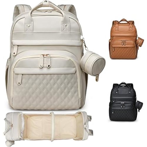 Leather Baby Diaper Bags with Changing Station,Extra large Capacity Baby Diaper Bag Backpack,Waterproof Baby Essentials(White)