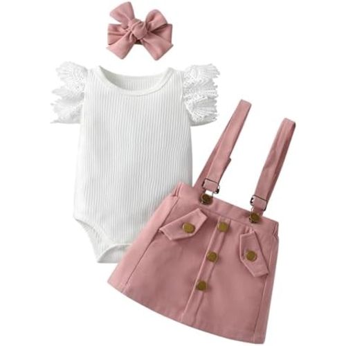 3Pcs Infant Baby Girl Clothes Newborn Summer Ruffle Ribbed Short Sleeve Tops Romper Suspender Skirt Headband Dress Outfits