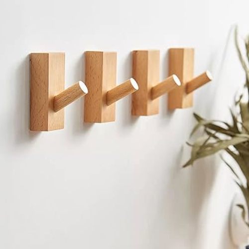HomeDo 4Pack Wood Wall Hooks, Adhesive Hooks Hat Hook, Wooden Coat Hooks Wall Mounted, Entryway Hat Rack, Decorative Hooks Single Organizer Hat Hanger Towel Rack Hook (Rectangle-Beech-4Pack)