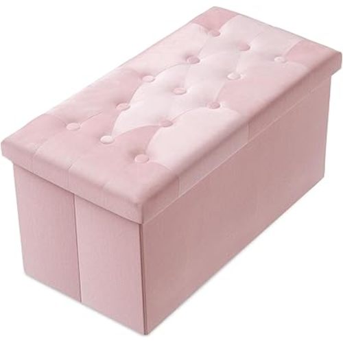 PRANDOM Extra Large Ottoman with Storage [1-Pack] Velvet Folding Small Square Foot Stool with Lid for Toy Living Room Bedroom Coffee Table Dorm Pink 30.5x15x15 inches