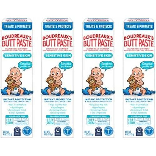 Boudreaux's Butt Paste for Sensitive Skin Diaper Rash Cream, Ointment for Baby, 4 oz Tube (Pack of 4)