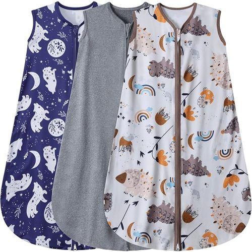 3 Pack Baby Sleep Sack 100% Rayon Cotton Baby Sleeping Bag 2-Way Zipper Toddler Wearable Blankets TOG 0.3. (Fox&Dinosaurs&Dark gray, 6-12 Months)