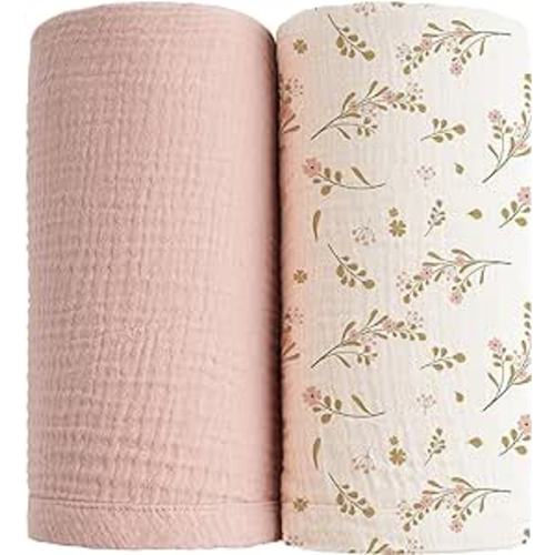 Konssy 2 Pack Muslin Swaddle Blankets for Baby Boys Girls, Receiving Blanket Large 47 x 47 inches, Soft Breathable Muslin Baby Blanket for Unisex Newborn(Pink, Floral) - Pink,floral
