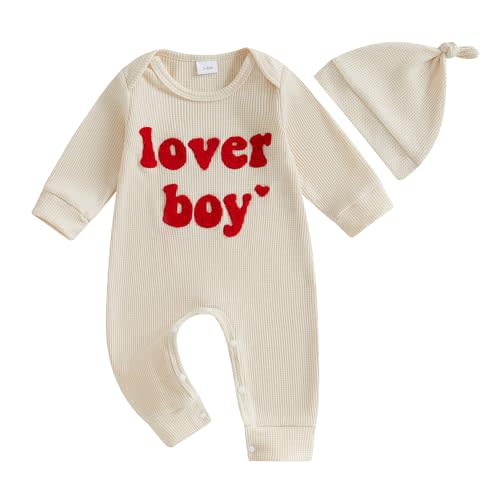 Lesimsam Newborn Infant Baby Boy Valentines Outfit Letter Embroidery Long Sleeve Waffle Knit Romper Jumpsuit with Hat