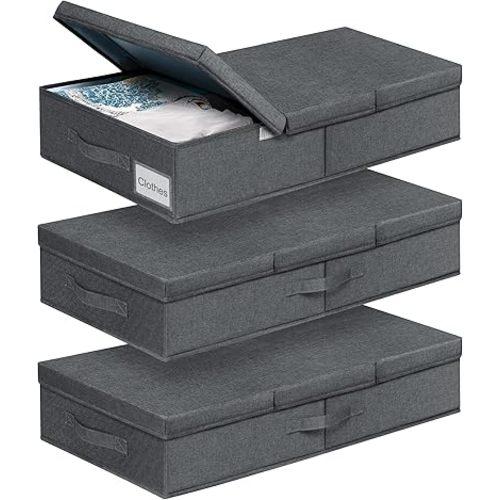 punemi UnderBed Storage Containers 6 Inch High, Under Bed Clothing Storage Organizer with Lid, Sturdy Under Bed Storage Bins Drawer For Quilt Blanket Shoe Dorm Room Bedroom Storage, Dark Grey-3 Pack