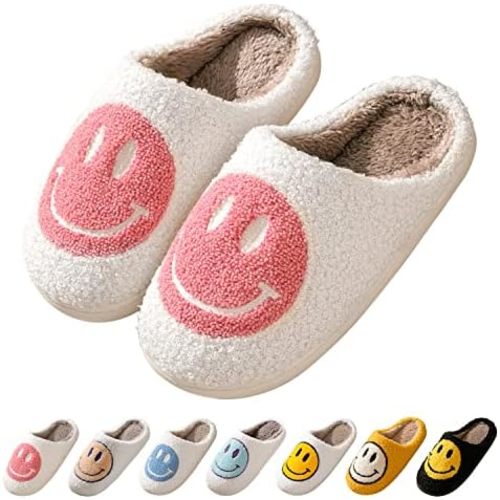 Smile Face Slippers for Women Happy face slippers Retro Soft Plush Warm Slip-on Slippers, Cozy Indoor Outdoor Slippers