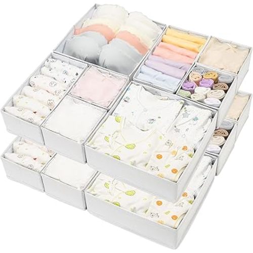 Drawer Organizer Clothes, 16-Piece Dresser Drawer Divider Storage for Underwear, Socks, Bras, Ties, Baby Clothes – Closet and Dresser Organizer (White)