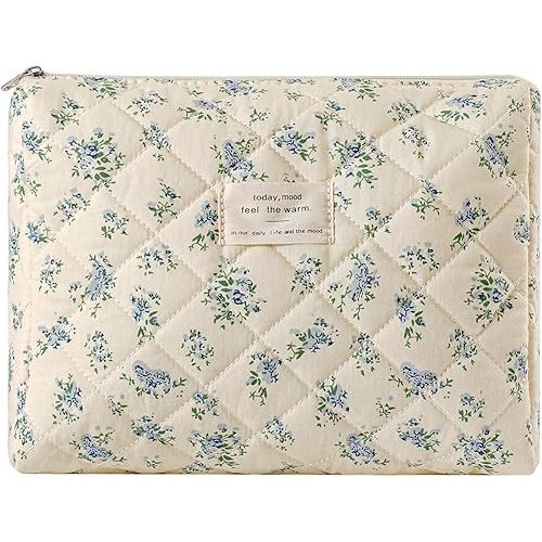 uekeboag Quilted Cotton Makeup Bag,Coquette Quilted Toiletry Bag for Women and Girls,Floral Coquette Pouch,Cute Kawaii Travel Cosmetic Bags(Yellow Blue Flower)