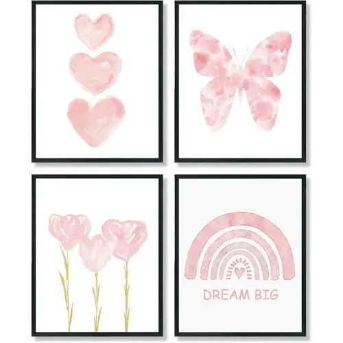 ULEGIE Toddler Girl Room Decor, Pink Girls Room Nursery Dream Big Wall Art Prints Set of 4, Watercolor Pink Butterfly Rainbow Floral Posters Decor for Toddler Baby Room, 8x10 Inch Unframed