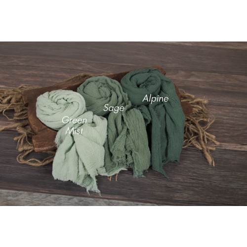 Pick One Cheesecloth Wrap, 32” x 100” stretched, Sage Greens, for Newborn Photography