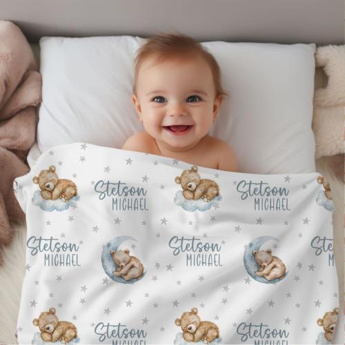 Personalized Teddy Bear Blanket, Baby Shower Gift, Custom Teddy Bear Nursery Decor, Blue Bow Coquette, Baby Boy Bear Blanket, Name Blanket