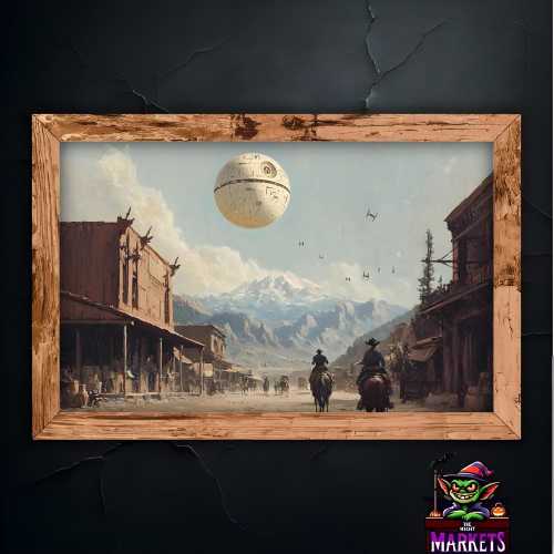 Star Wars Wall Art – Death Star Over Vintage Cowboy Town, Sci-Fi Meets Wild West Art Print