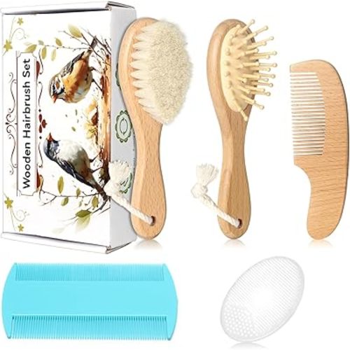 Baby Hair Care Kit, 5 in 1 Wooden Natural Goat Bristles Brush Cradle Cap Comb Baby Grooming Kit for Newborns Toddlers Boys Girls Gift