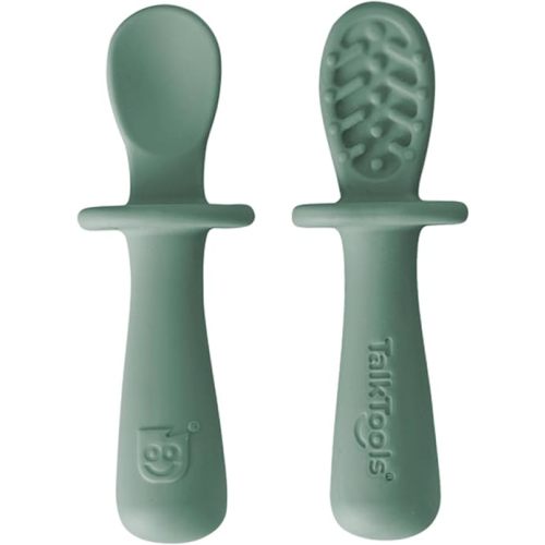TalkTools ITSY Tiny Silicone Spoons – Twin Pack Soft Silicone Self-Feeding Training Spoons for Kids & Toddlers, Anti-Choking Flange Guard and Non-Slip Handle (Sage)