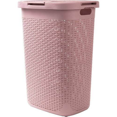 Mind Reader 60L Slim Laundry Hamper, Clothes Basket, Lid, Wicker Design, Plastic, 17.65"L x 13.75"W x 24.15"H, Pink