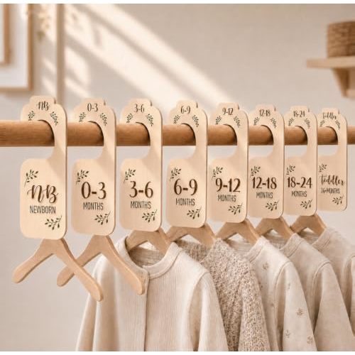 Baby Closet Dividers for Clothes Organizer - Set of 8 Beautiful Wooden Double-Sided Baby Clothes Size Hanger Organizer from Newborn to 24 Months for Boho Nursery Decor